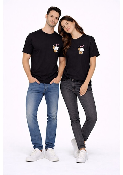 Nevermind Sevgili Kombini Minimal Ayıcık Kalp Baskılı Çift Tişört Oversize Siyah