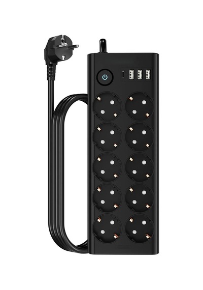 10'lu Akıllı Güç Koruma Grup Priz, 3x Usb-a 1x Usb-c, 3680w, 2 Metre Kablo, Siyah 0
