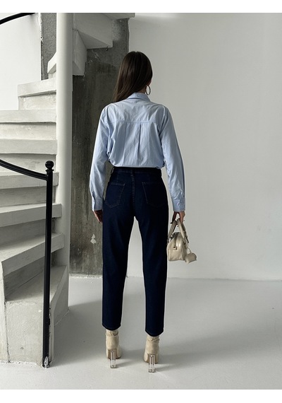 Blue Marlin Pileli Kuşaklı Mom Jeans Lacivert