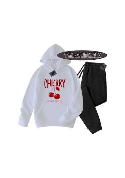 Tarzsokak Beyaz Kapşonlu Cherry Detaylı İkili Takım