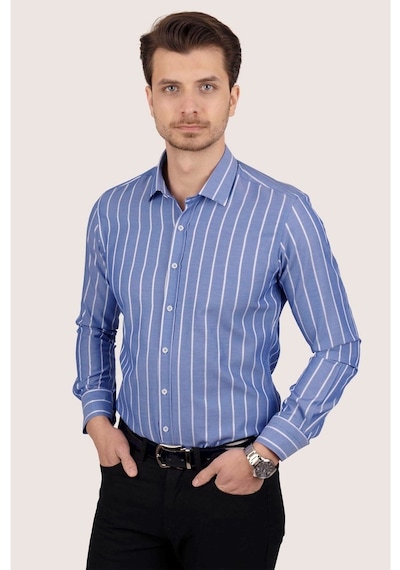 Erkek Mavi Beyaz Çizgili Slimfit Kutulu Gömlek Mavi