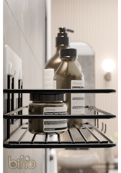 Bino 2li Set Banyo Düzenleyici Şampuanlık Mat Siyah Yapışkanlı 4 Askılı Duş Rafı Paslanmaz Organizer Siyah