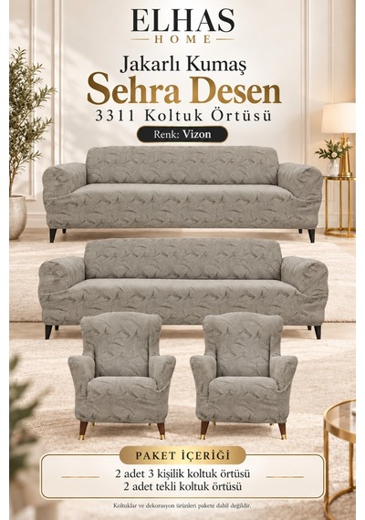 Jakarlı Kumaş Sehra Desen 3-3-1-1 Koltuk Örtüsü Çekyat Koltuk Kılıfı Vizon - 935039383 Vizon
