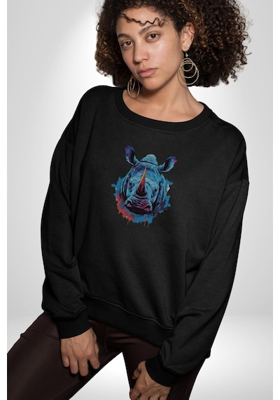 Su Aygırı Hipopotamo Renkli Kadın Erkek Siyah Baskılı Sweatshirt Siyah