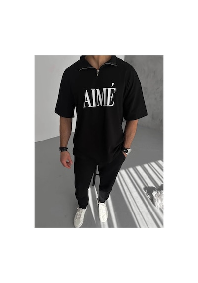 Erkek Tişört Yakalı Yarım Fermuarlı Kısa Kol Baskılı T-shirt - Siyah