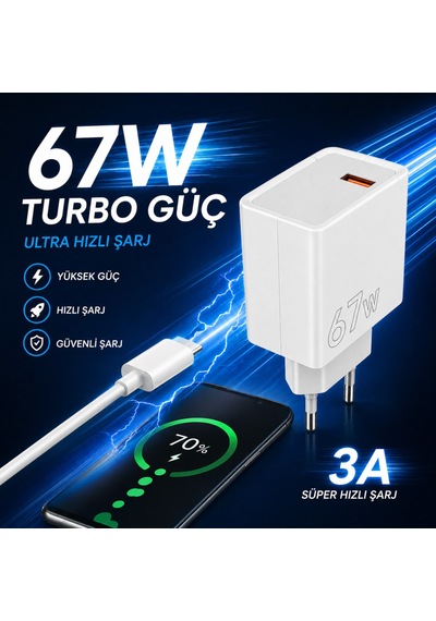 67w Hızlı Şarj Adaptörü Usb Çıkışlı Kablo Dahil Type-c Uyumlu Hızlı Şarj Cihazı Güvenli Şarj Başlığı Beyaz