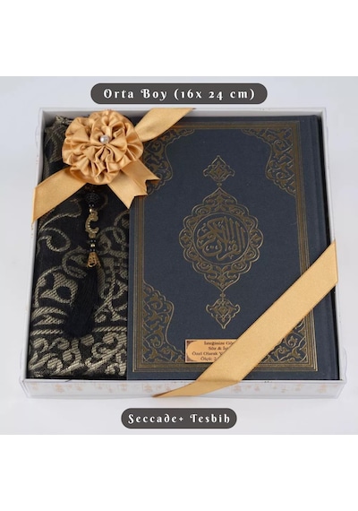 Kuran + Seccade + Tesbih Hediye Seti Orta Boy, Ekonomik Cilt, Desenli Kutu, Siyah