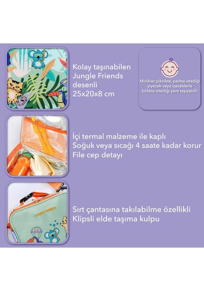 Milk & Moo Çocuk Sırt Çantası, Kalem Kutusu, Beslenme Çantası 3'lü Set Jungle Friends