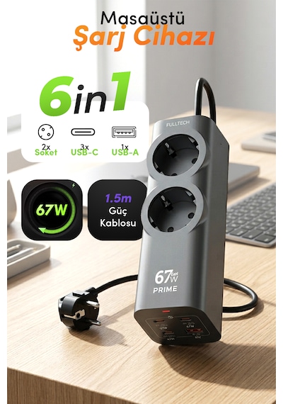 Masaüstü Şarj Cihazı 6 İn 1 Fc54 67w Gan 3x Usb-c + Usb-a + 2 Prizli Power Strip Laptop Hızlı Şarj Hub 1.5m Kablo