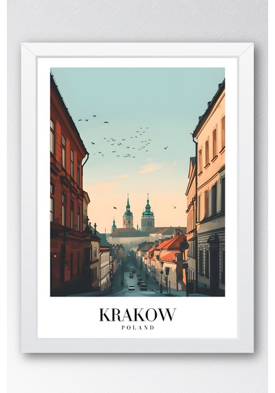 Krakow Poland Vintage Seyahat Posteri Çerçeveli Tablo - Premium Tarihi Şehir Elit Duvar Dekoru Beyaz