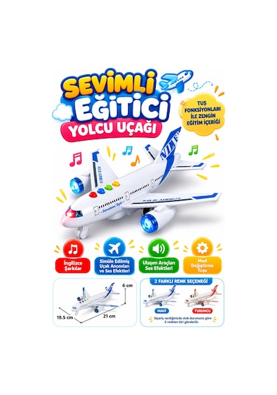 Sesli Işıklı Yolcu Uçağı Oyuncak 21 Cm Tuşlu Müzikli Çocuk Uçağı 3+ Yaş