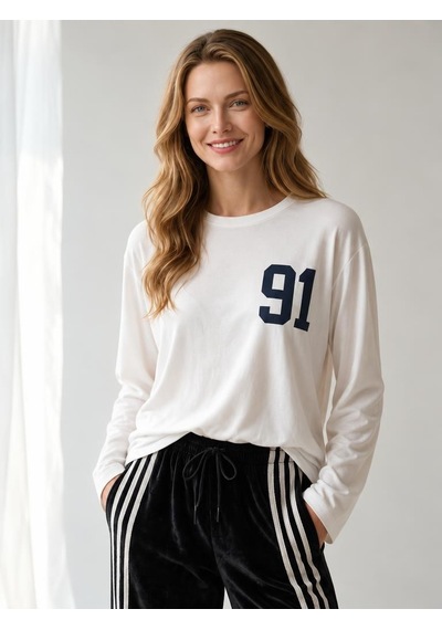 Nealirsanall.com Kadın "91" Baskılı Uzun Kollu İnce Sweatshirt / Body Ekru