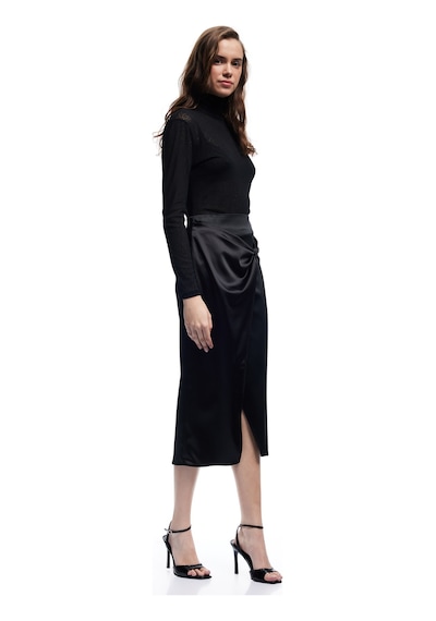 Koton Kruvaze Yırtmaç Detaylı Slim Fit Saten Midi Etek Siyah 6wak70001fw Siyah