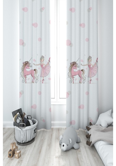 Mekta Home Bebek Ve Çocuk Odası Balerin Ve Unicorn Kız Desenli Pembe 2 Kanat Fon Perde