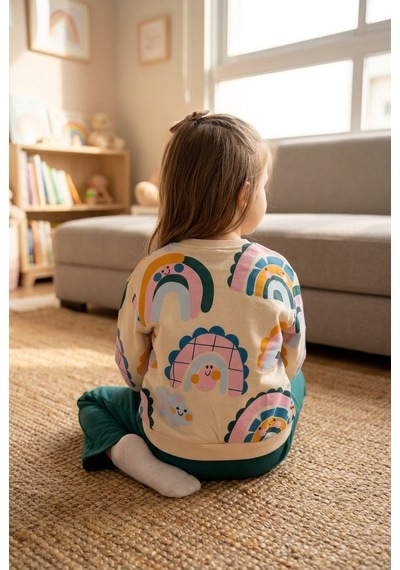 Ahengim Kız Çocuk Gökkuşağı Desenli Sweatshirt 2 Li Alt Üst Takım Ak15636 Yeşil