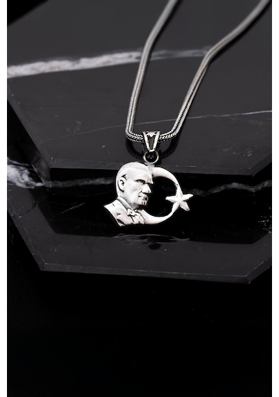 Gümüş Atatürk Portreli Ayyıldız Erkek Kolye -7428 Gümüş 55 CM