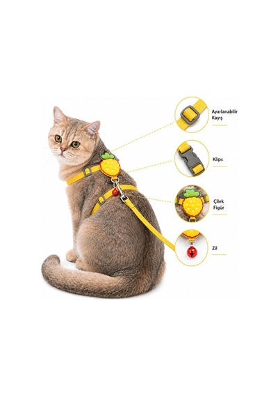 Çilek Figürlü Zilli Kedi Göğüs Tasması Ve Gezdirme Kayışı Seti, Ayarlanabilir Göğüs Tasması Ve Gezdirme İpi, Günlük Gezi Ve Yürüyüş İçin Sarı