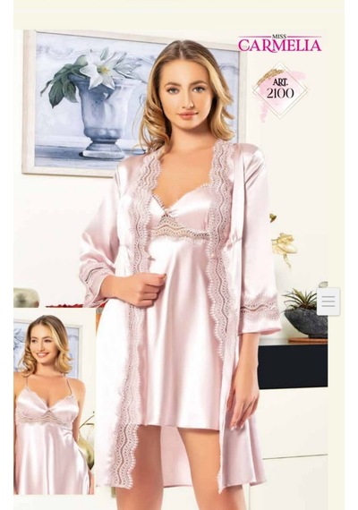 Carmella 2100 İpek Saten 2Li Gecelik Sabahlık Takım Ekru/Bordo