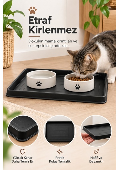 Kedi Köpek Mama Su Kabı Altlığı Yüksek Kenarlı Hazneli Tepsi Su Ve Mama Dökülmesini Önleyici Plastik Mat