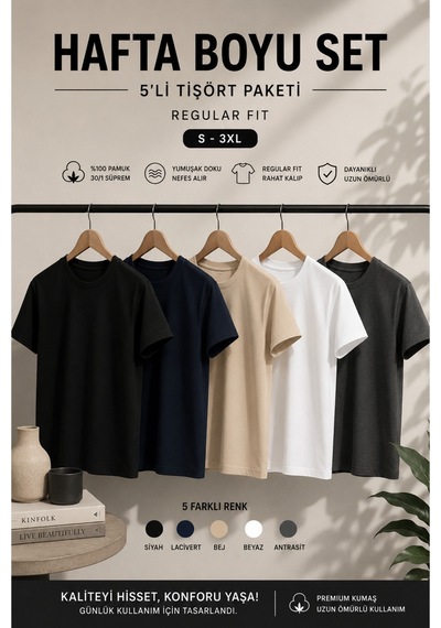 Masion Rae Erkek 5'li Basic Tişört Seti Regular Fit Bisiklet Yaka %100 Pamuk 30/1 Süprem Siyah-beyaz-lacivert-antrasit-bej