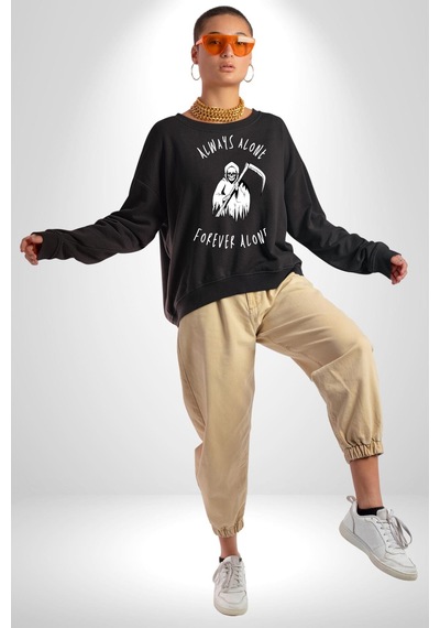 Her Zaman Yalnız Daima Yalnızlık Azrail Unisex Siyah Sweatshirt Siyah