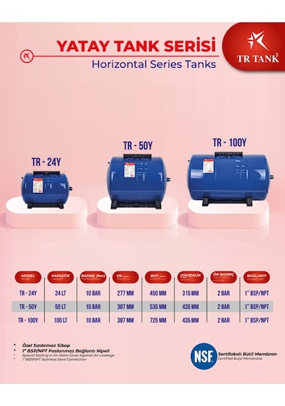 Sumarkt Trtank Profesyonel 50 Litre Yatay Ayaklı Nsf Membranlı Hidrofor Genleşme Tankı