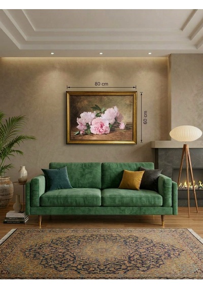Klasik Gold Çerçeveli Pembe Şakayık Çiçekleri Tablo Lüks Salon Oturma Odası Duvar Dekoru 80x60 Cm