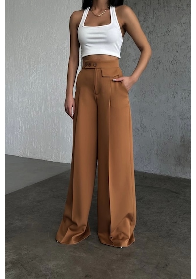 Defymoda Üç Düğme Detayli Palazzo Pantolon Kiremit