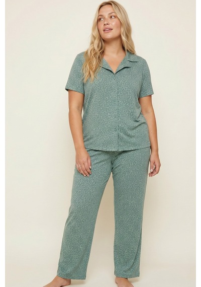 Siyah İnci Büyük Beden Battal Boy Düğmeli Örme Pijama Takım 8016 Yeşil Leopar