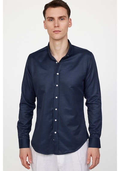 Tudors Slim Fit Uzun Kollu Düğmeli Yaka Pamuklu Kolay Ütü Düz Erkek Gömlek-19562 Lacivert