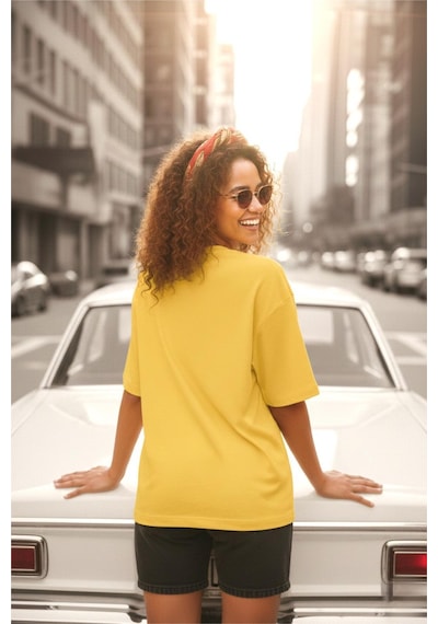 Mily Kadın Oversize Basic Bisiklet Yaka Pamuklu T-shirt Rahat Kesim Unisex Sevgili Kombini Sari