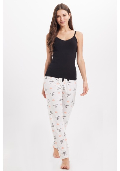 Tudors Kadın Regular Fit Klasik Kesim Viskon Beli Lastikli Fiyonk Detaylı Baskılı Beyaz Pijama Altı-51007