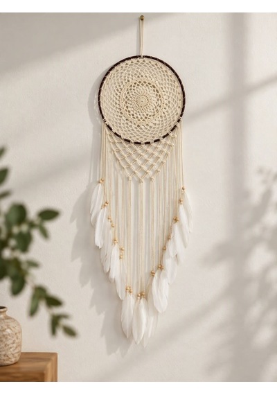 Motifli Düş Kapanı Rüya Kapanı Dream Catcher Beyaz Tüylü Bohem Duvar Süsü Bohem El Yapımı Düş Kapanı