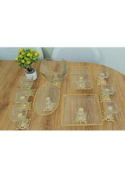 Elta Collection 10 Parca Gold Metal Ayaklı Pasta - Salata - Tatlı - Kase Ve Servis Sunum Seti Gold