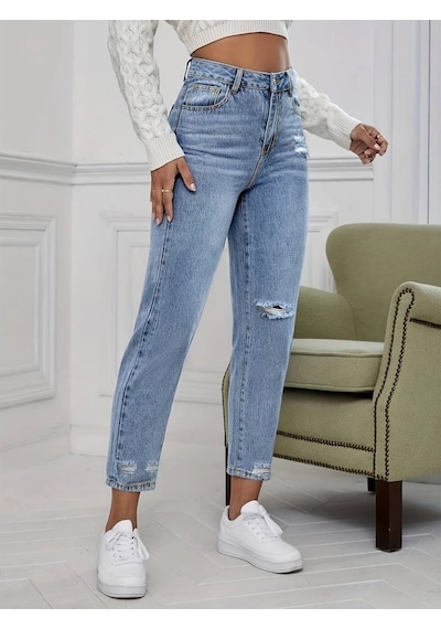 Defymoda Kadın Açık Mavi Yırtık Mom Fit Kot Pantolon