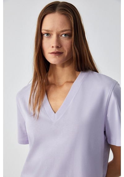 Grımelange Alıne Kadın %100 Organik Pamuk Derin V Yakalı Comfort Fit Lila T-shirt Lila
