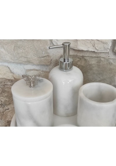 Beyaz Gri Damarlı Mermer Kelebek Gümüş Rengi Aksesuarlı 5'li Banyo Seti Beyaz