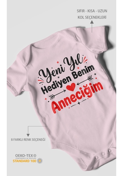 Morivokids Yeni Yıl Hediyen Benim Anneciğim Kısa Kollu Bebek Body %100 Pamuk Bebe Pembe