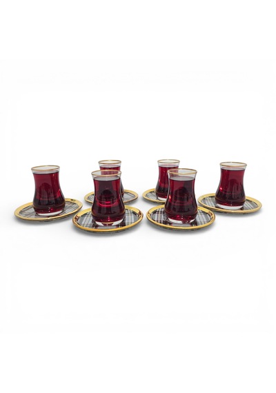 Sudedi Home Gerçek Altın Yaldızlı Gold Ekose 12 Parça Çay Seti Cam Bardak & Cam Tabak Özel Seri Çok renkli