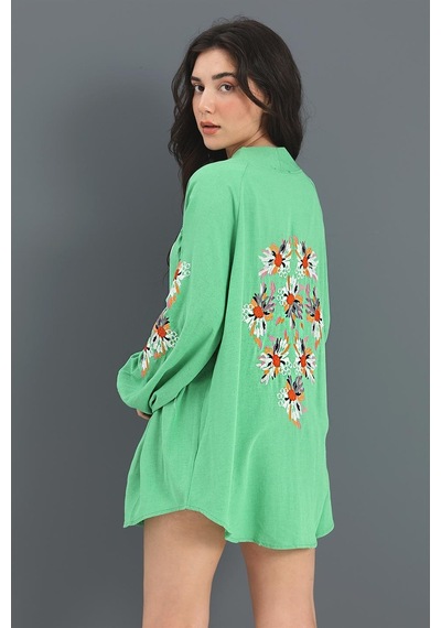 Kimono Reglan Kol Nakışlı Keten - Yeşil Çok Renkli