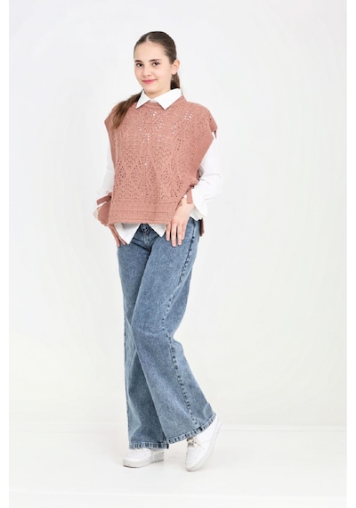 Modanino Kız Çocuk 3'lü Jean Takım Pantolon+gömlek+triko Yelek 5-15 Yaş 12545 Gül Kurusu