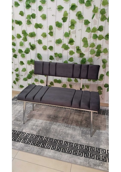 Özcan Metal Metal Ayaklı Metal Kasalı Sırtlı Krom Mutfak Salon Antre Yatak Odası Balkon Bench Puf Bank Oturak Antrasit