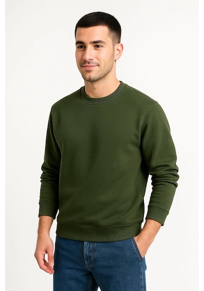 Barlashive Erkek 3 İplik Pamuklu Düz Bisiklet Yaka Sweatshirt - Haki Çok Renkli