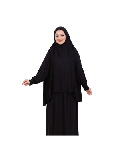 Modish Group İki Parça Namaz Elbisesi Uzun Pamuklu Tesettür Giyim Abaya & Başörtüsü Set Siyah