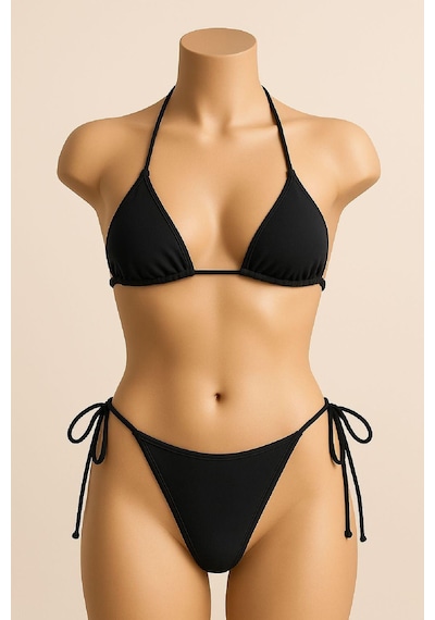 Genel Markalar Kadın Siyah Yandan Ve Boyundan Bağlamalı Bikini Mayo Takımı Siyah Siyah