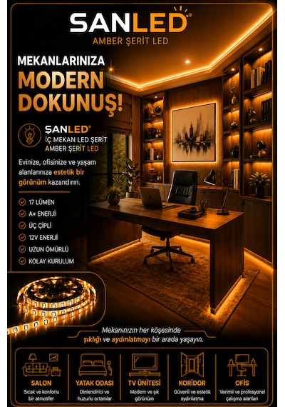 3 Çipli Şerit Led Amber Rengi 12v 5 Metre
