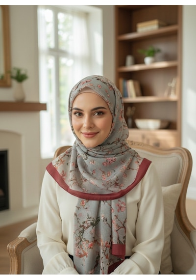 Eyfel Pamuklu Soft Özel Seri Şal Etnik & Çiçekli Desen, Orjinal, Tesettür Giyim, Yeni Koleksiyon Bordo - Gri