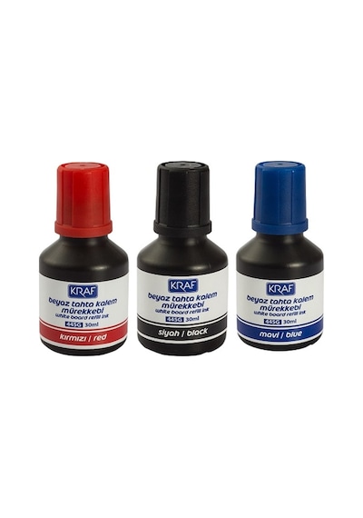 Kraf Beyaz Tahta Kalem Mürekkebi 3'Lü Set Siyah/Kırmızı/Mavi 30Ml