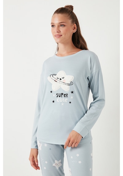 Lela Streç Standart Fit Bisiklet Yaka Desenli Bayan Pijama Takımı 6095700 Açık Gri