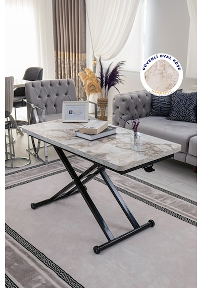 Home Üst Tabla Mdf Beyaz Mermer Oval Köşe Alt Ayak Siyah